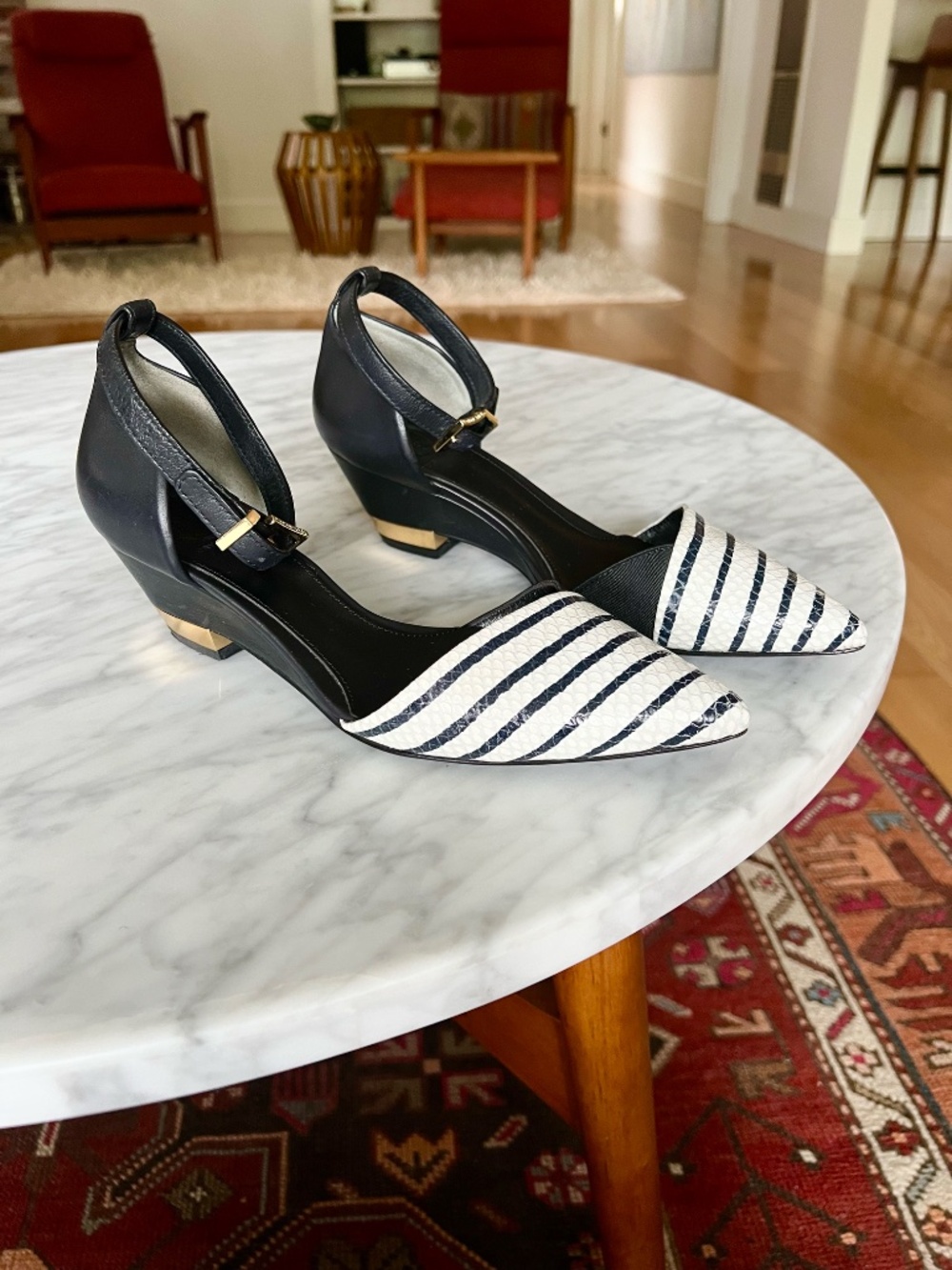 Tory Burch Pointed Toe Heels Navy White Striped Ankle Strap 6.5